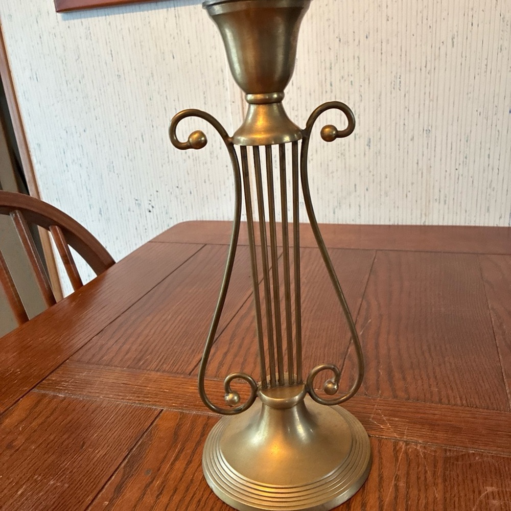 Vintage Brass Harp Candle Holder Made In India Height 12"